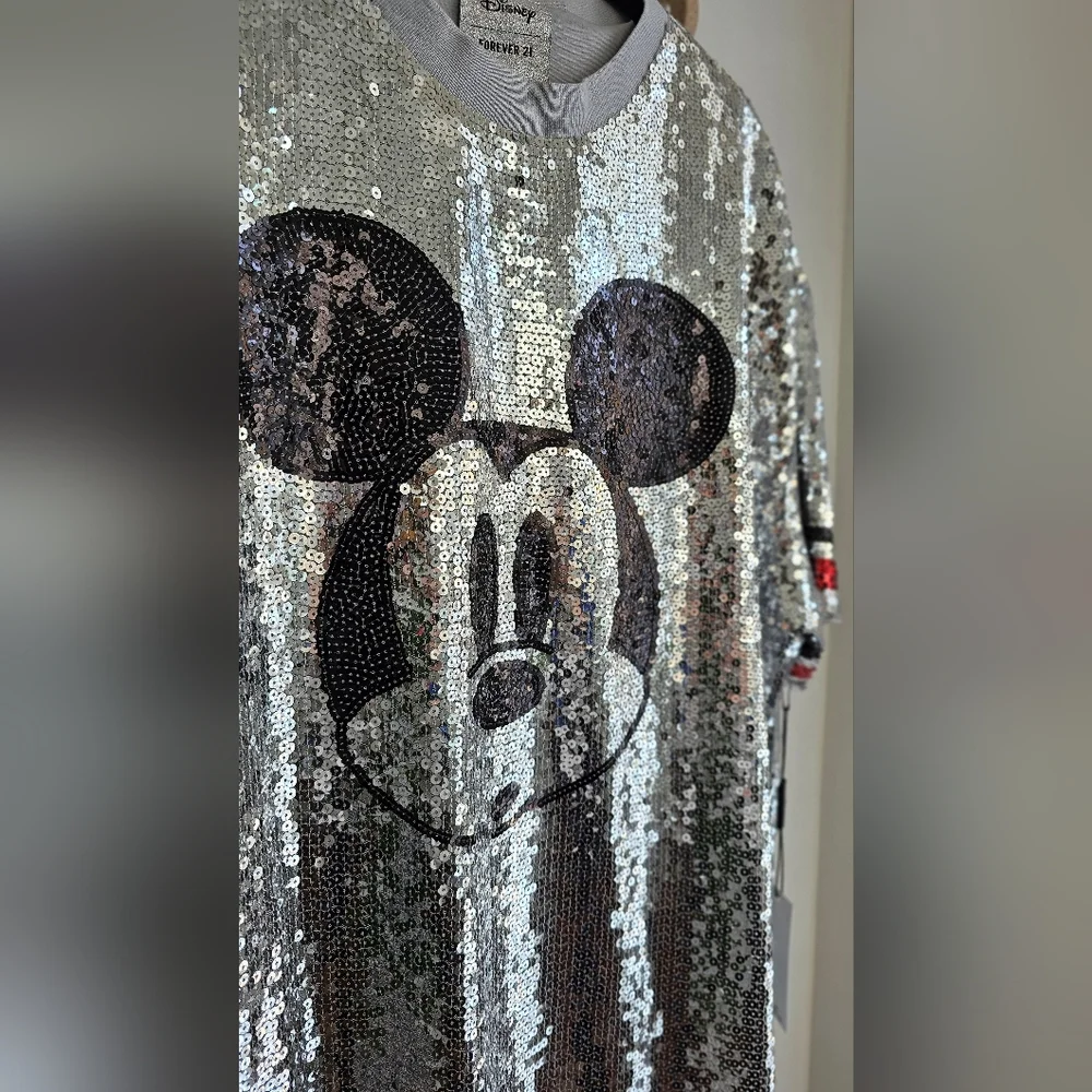 NWT Disney x Forever 21 Silver Sequin Mickey Mouse T-Shirt Mini Dress XL - Picture 2 of 13